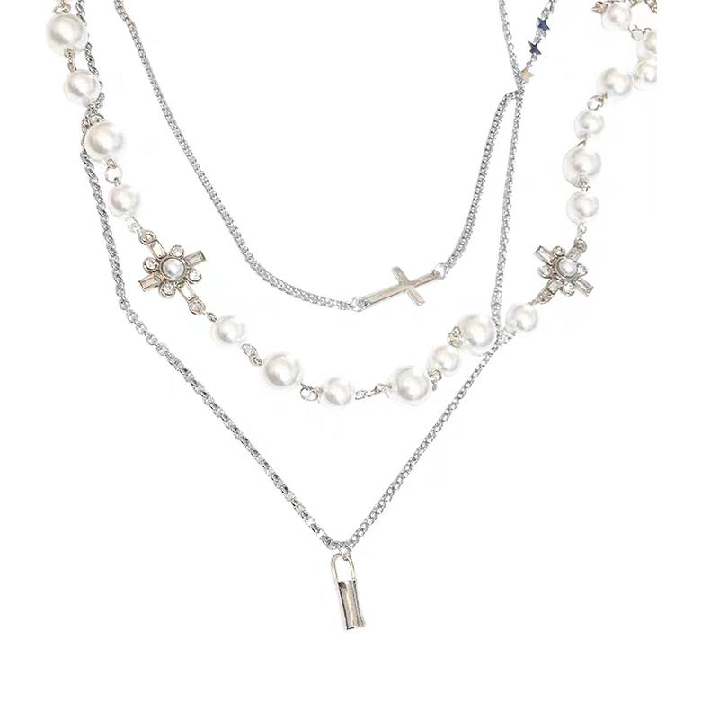 itGirl Shop PEARL BEADS CROSS MULTI LAYER SILVER CHAIN NECKLACE