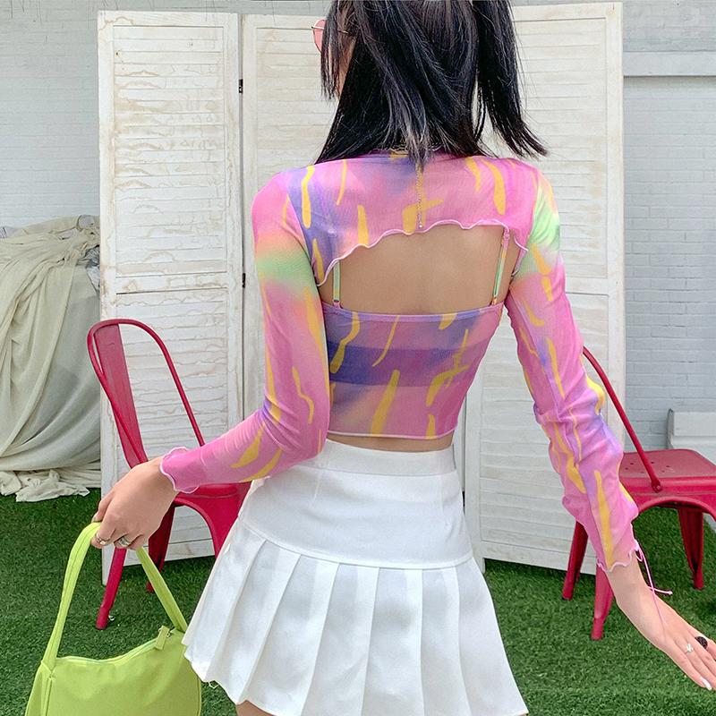 itGirl Shop PINK AESTHETIC PRINT SLEEVES STRAPS MESH CROPPED SHIRT