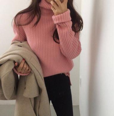 itGirl Shop PINK BEIGE WHITE HIGH TURTLE NECK RIBBED SWEATER