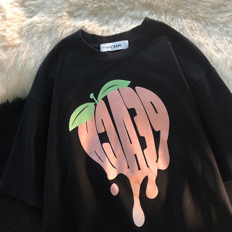 Aesthetic Clothing itGirl Shop Pink Black Kawaii Peach Letter Print Loose T-shirt