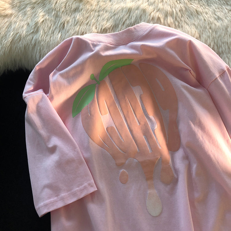Aesthetic Clothing itGirl Shop Pink Black Kawaii Peach Letter Print Loose T-shirt