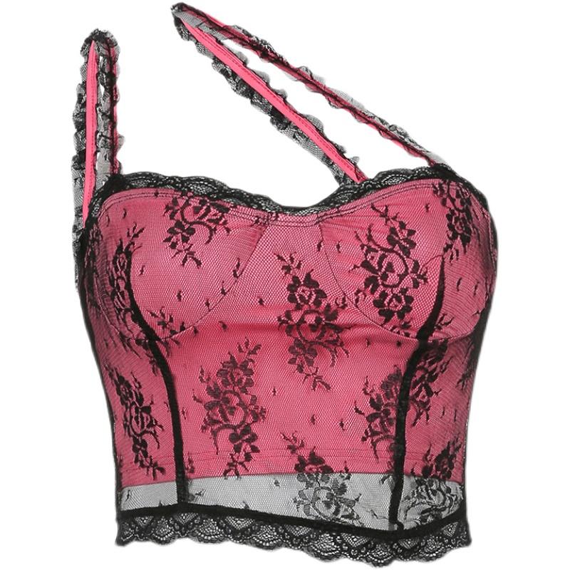 itGirl Shop PINK BLACK LACE IRREGULAR STRAPS LINGERIE STYLE TOP