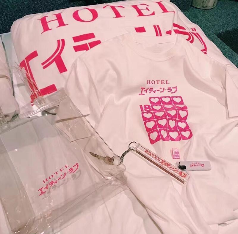 itGirl Shop PINK HOTEL PRINT SOFT AESTHETIC LOOSE WHITE T-SHIRT