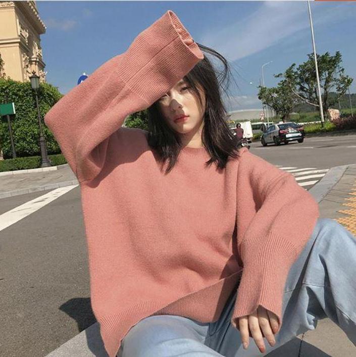itGirl Shop PINK SIDE CUTS OVERSIZED ROUND NECK KNITTED SWEATER