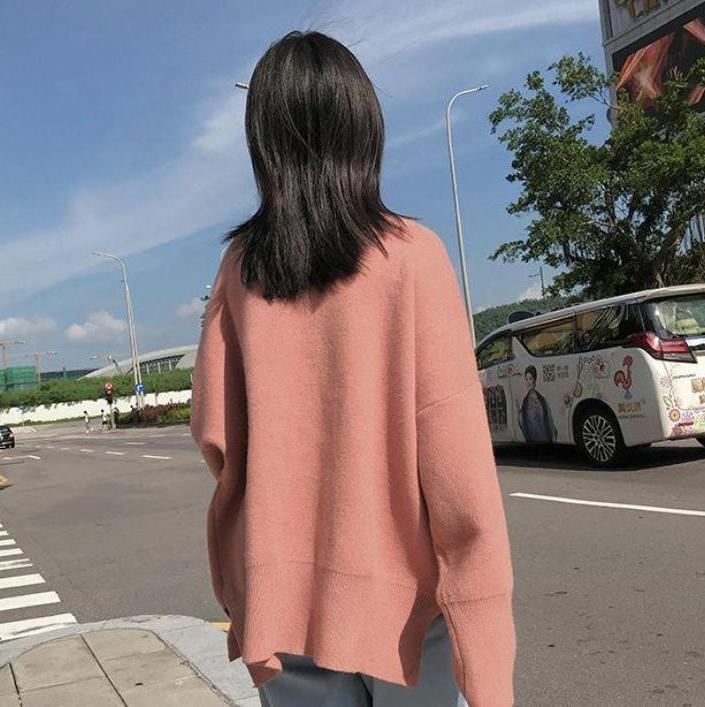 itGirl Shop PINK SIDE CUTS OVERSIZED ROUND NECK KNITTED SWEATER