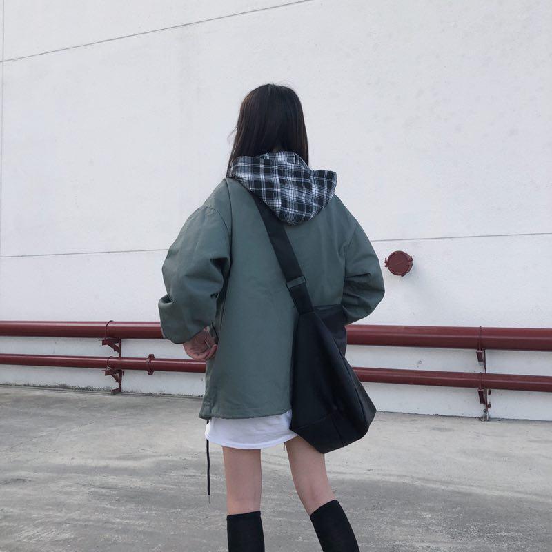 Plaid Hood Fake Two Piece Korean Fashion Loose Jacket