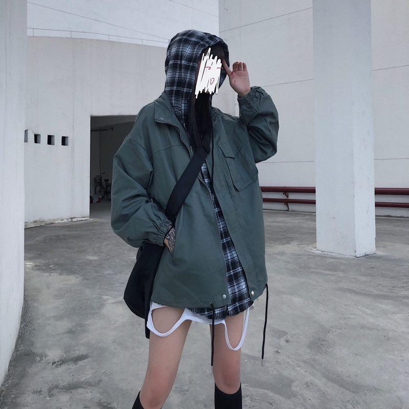 Plaid Hood Fake Two Piece Korean Fashion Loose Jacket