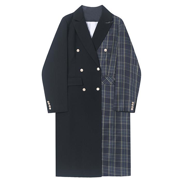 Plaid Patchwork Drawstring Double Breasted Long Coat