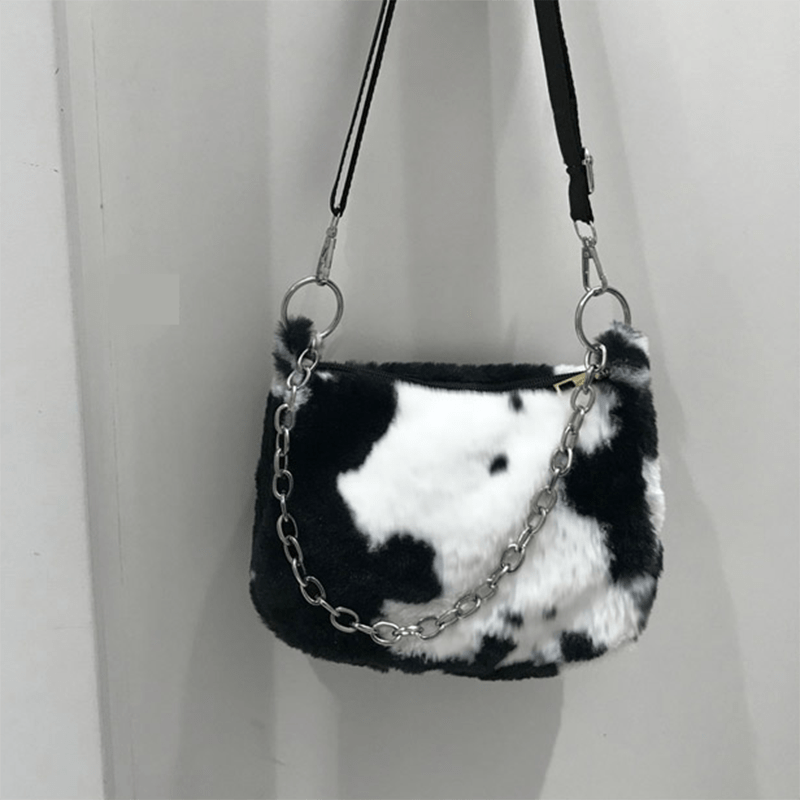 itGirl Shop PLUSH COW PATTERN SHOULDER BAG WITH CHAIN