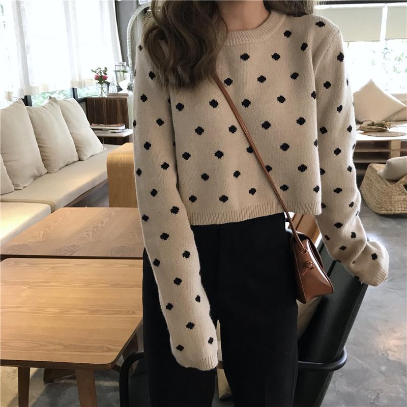 itGirl Shop POLKA DOT WHITE BLACK PULLOVER CROPPED SWEATER