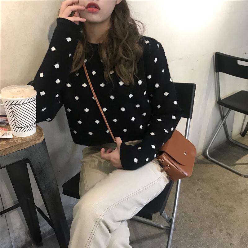 itGirl Shop POLKA DOT WHITE BLACK PULLOVER CROPPED SWEATER