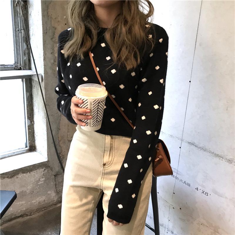 itGirl Shop POLKA DOT WHITE BLACK PULLOVER CROPPED SWEATER