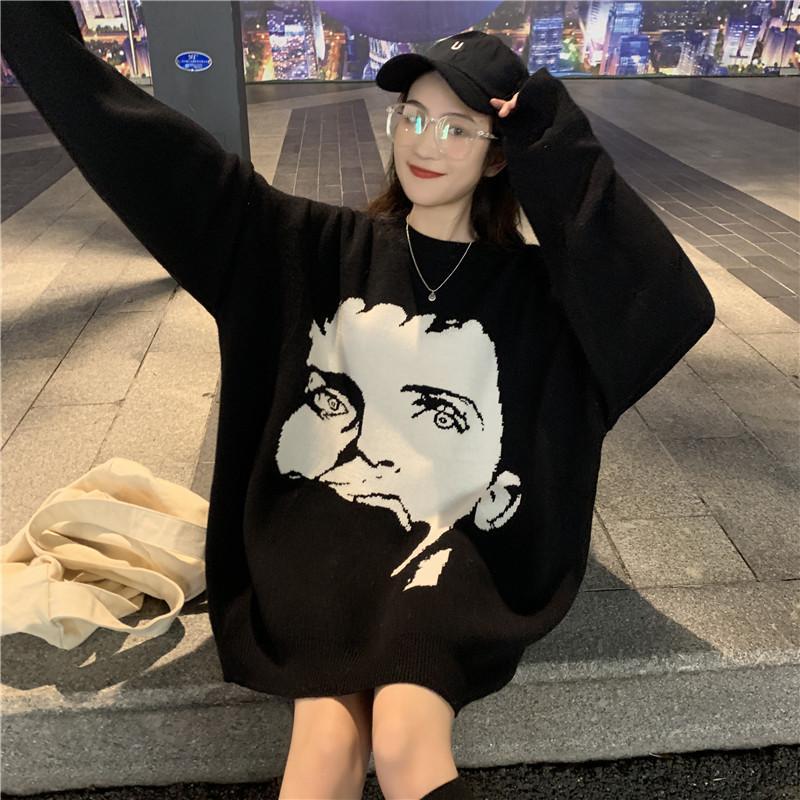 Portrait Embroidery Print Knit Oversized Sweater