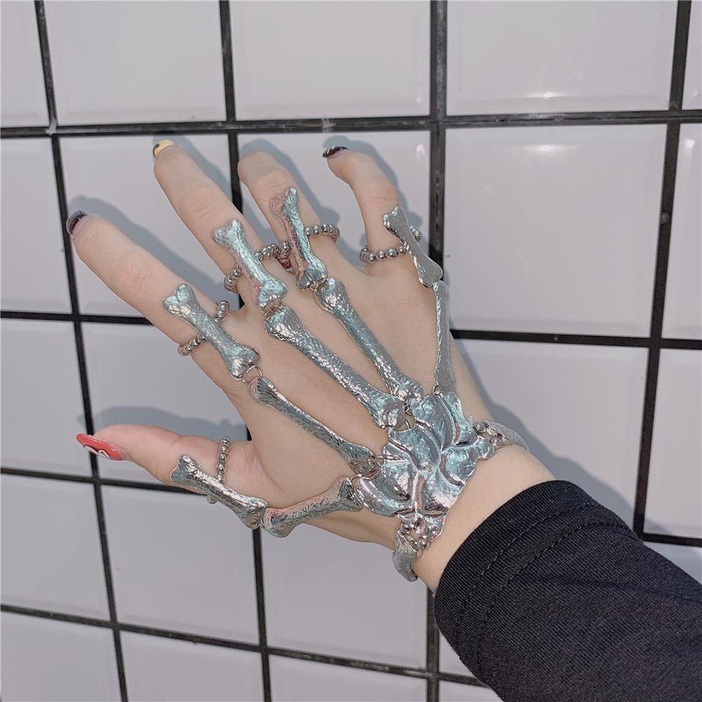 Punk Aesthetic Silver Palm Bones Bracelet Multiring