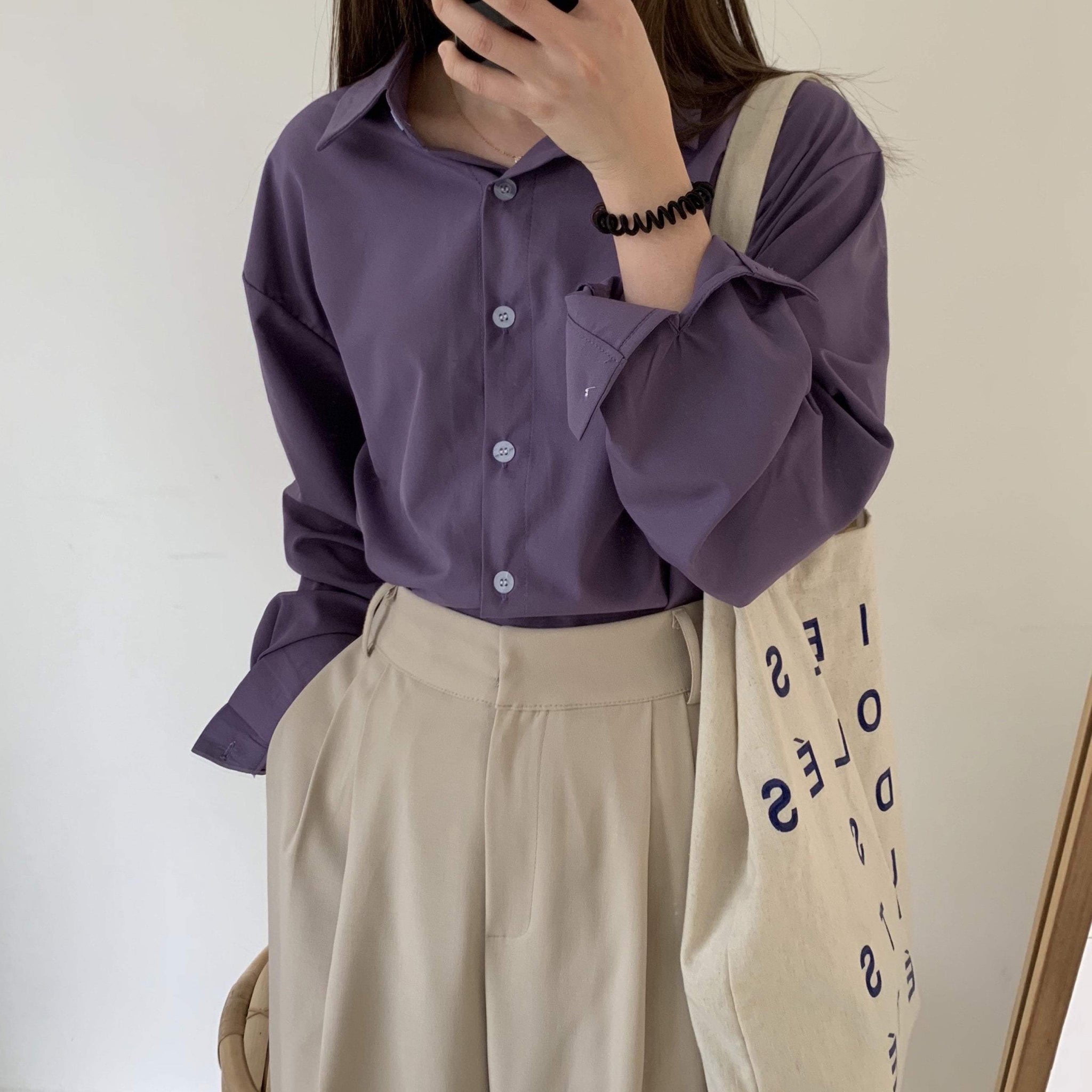 itGirl Shop PURPLE BUTTONS LOOSE CASUAL LONG SLEEVED SHIRT