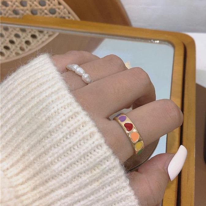 itGirl Shop RAINBOW METAL RING + PEARL BEADS TWO PIECE SET RINGS
