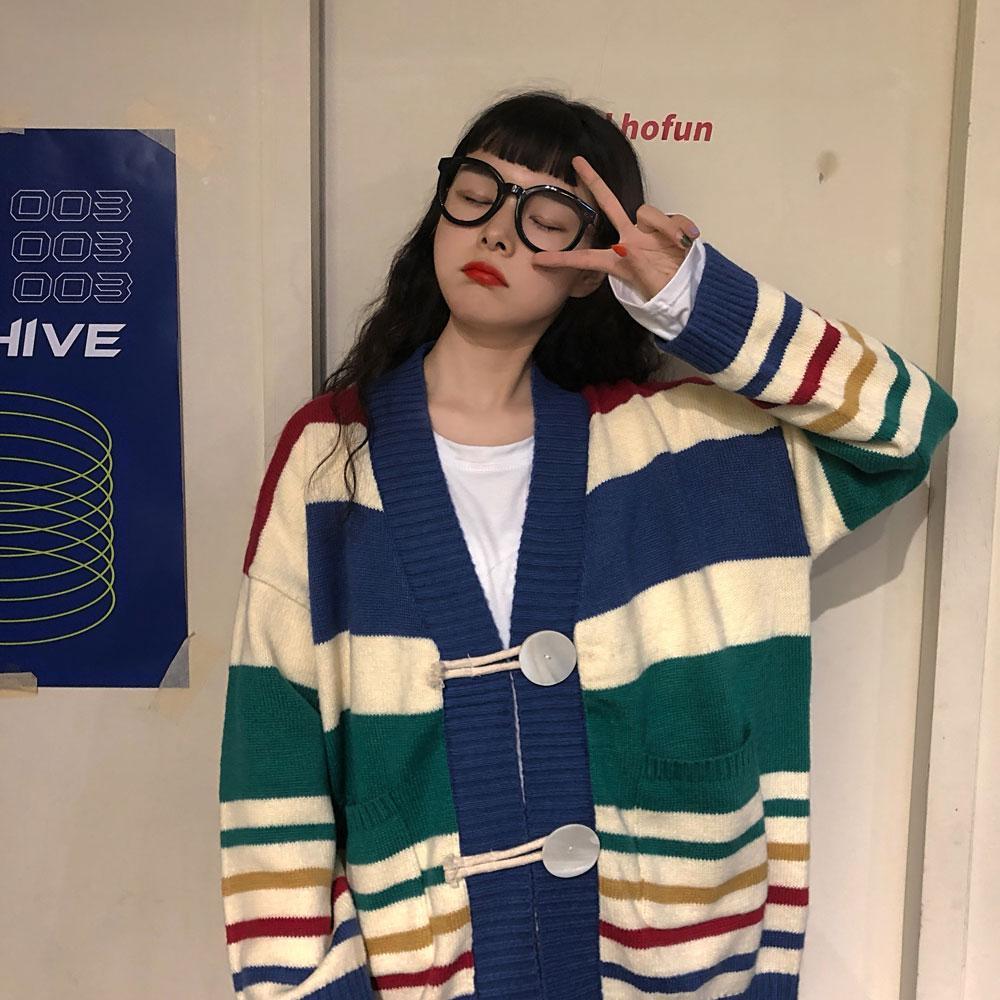 Rainbow Stripes Oversized Knit Cardigan With Big Buttons