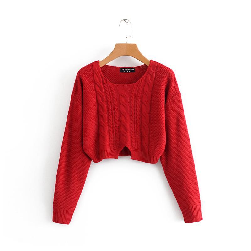 itGirl Shop RED BEIGE BLACK WHITE KNIT CROPPED SWEATER