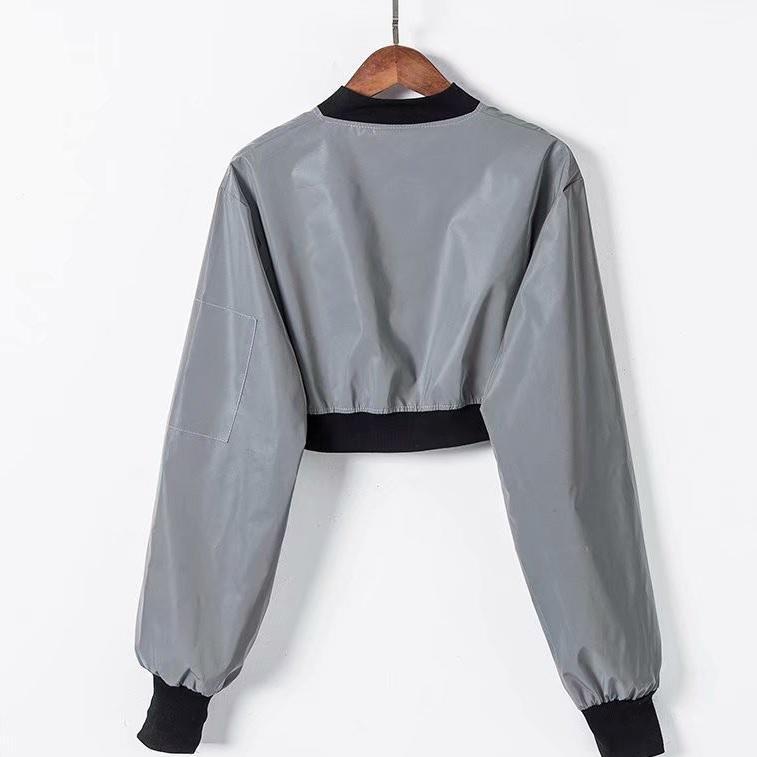 itGirl Shop REFLECTIVE GRAY PUFFED SLEEVES SHORT CROPPED JACKET