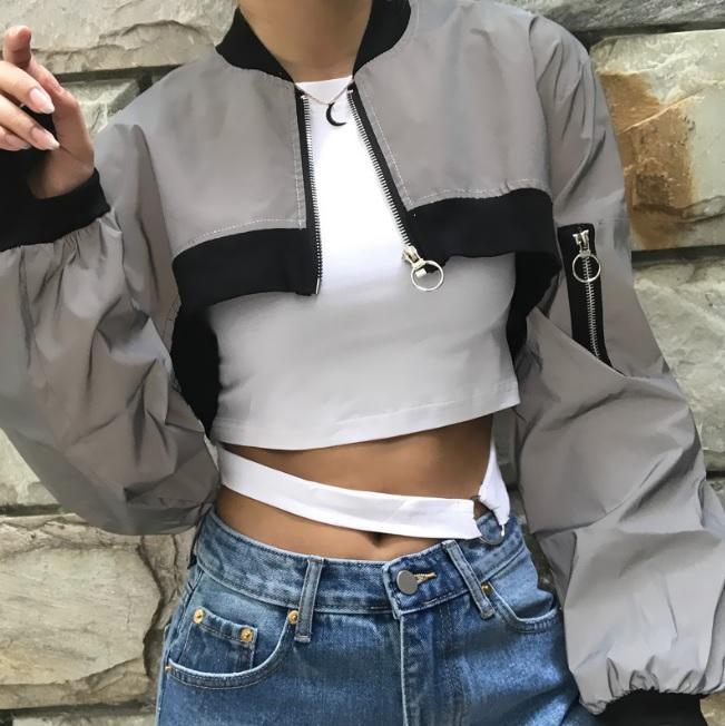 itGirl Shop REFLECTIVE GRAY PUFFED SLEEVES SHORT CROPPED JACKET
