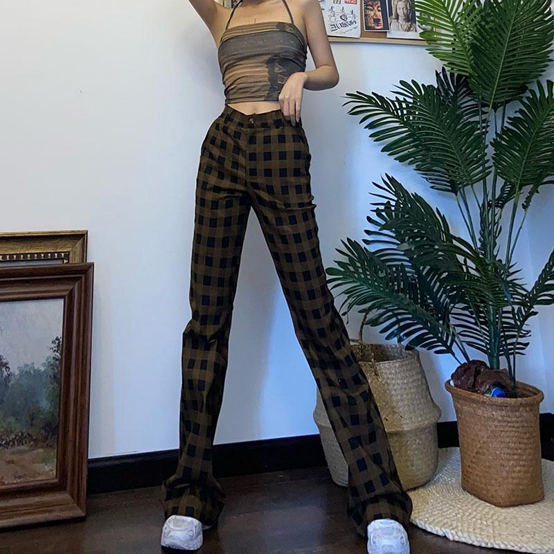 itGirl Shop RETRO AESTHETIC BROWN PLAID HIGH WAIST PANTS