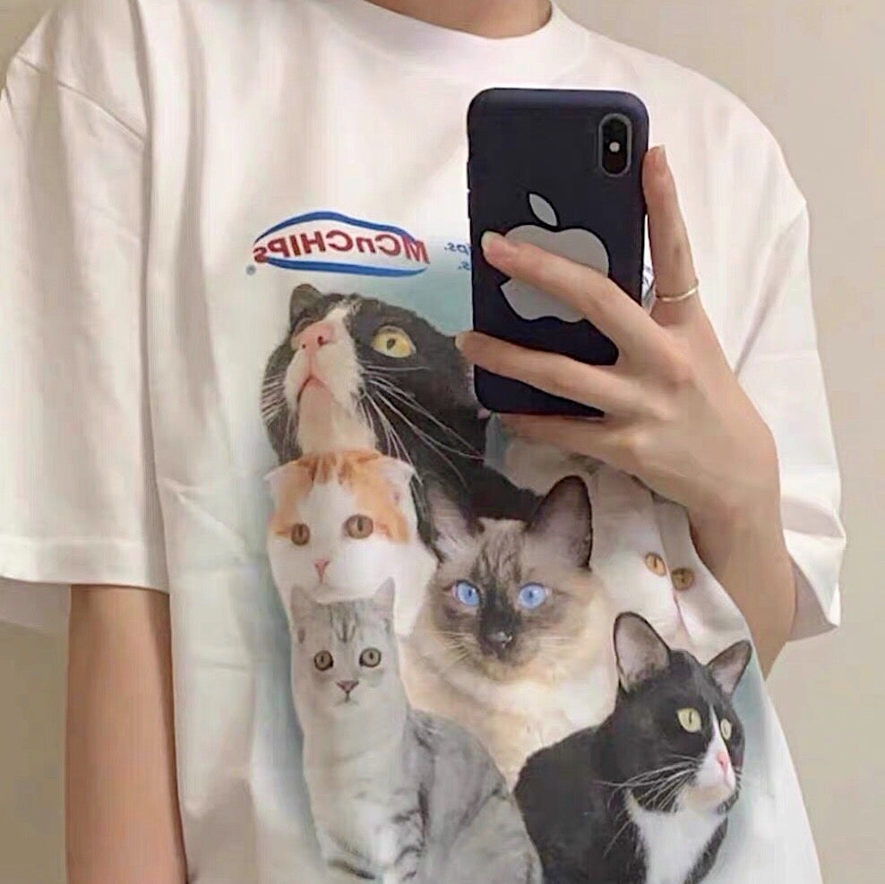 itGirl Shop RETRO AESTHETIC MEME CATS PRINT OVERSIZED T-SHIRT