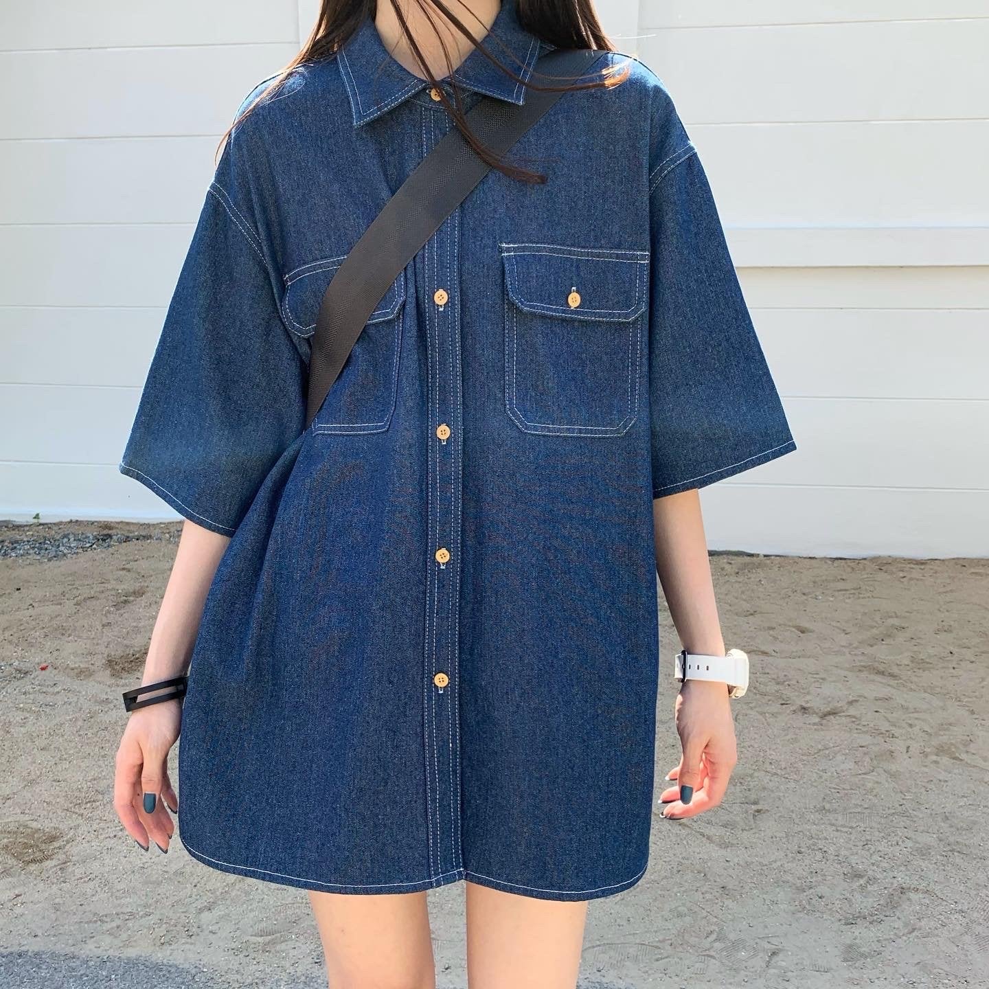 itGirl Shop - Aesthetic Clothing -Retro Blue Loose Thin Denim Shirt