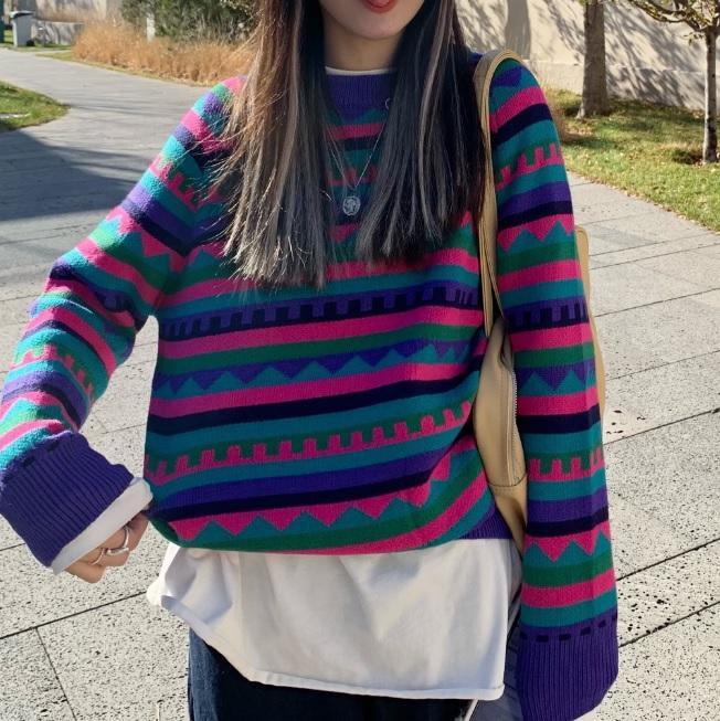 itGirl Shop RETRO COLORFUL PATTERN THIN KNIT PULLOVER SWEATER