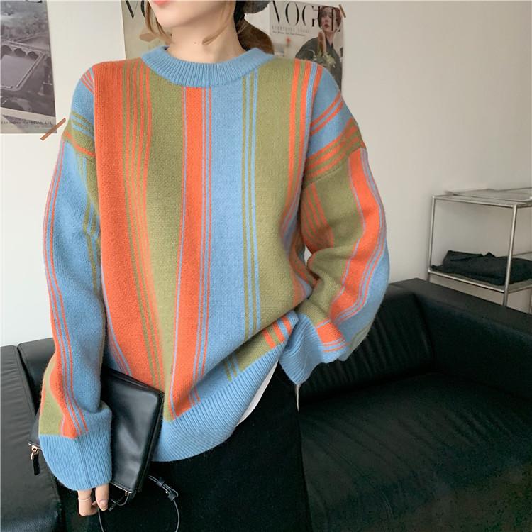itGirl Shop RETRO CONTRAST STRIPED KNIT LOOSE PULLOVER SWEATER