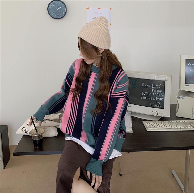 itGirl Shop RETRO CONTRAST STRIPED KNIT LOOSE PULLOVER SWEATER
