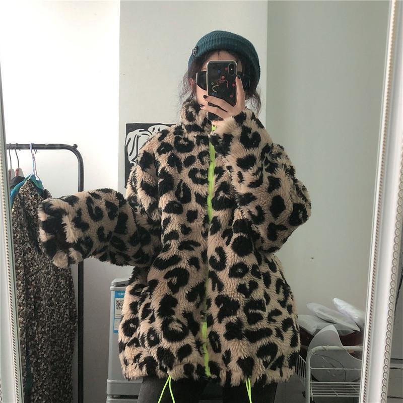 itGirl Shop RETRO LEOPARD FAUX FUR NEON ZIPPER JACKET