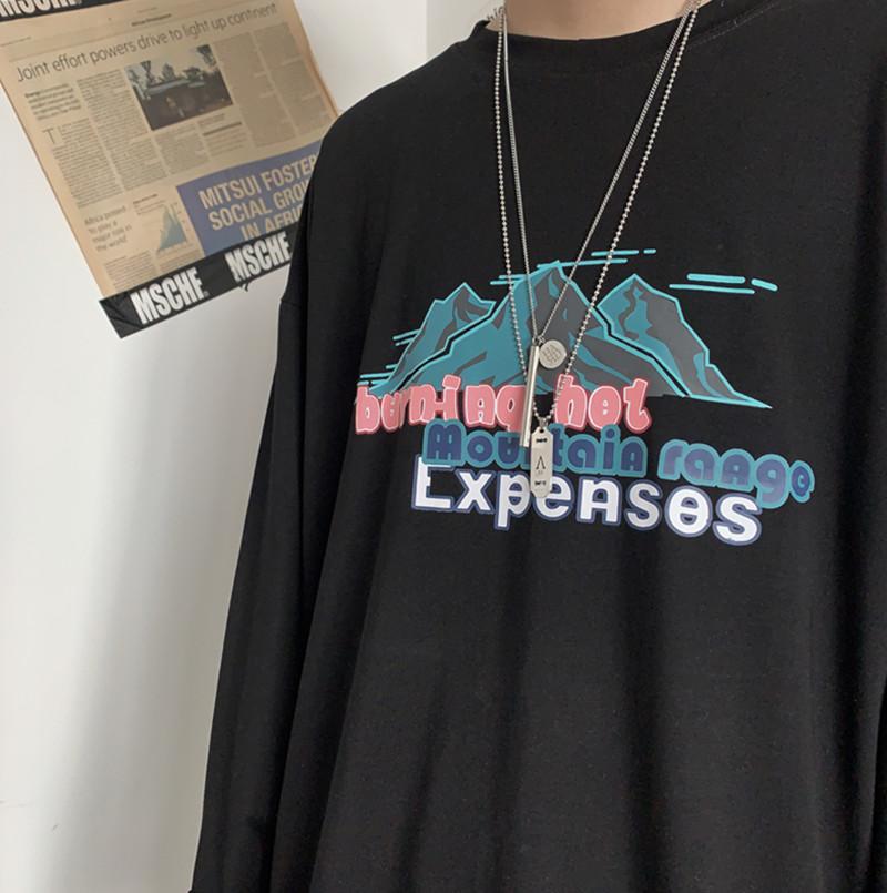 Retro Mountain Range Letter Print Loose Longsleeve Shirt