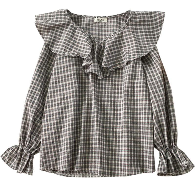 itGirl Shop RETRO PLAID CUTE BIG FLARED CUFFS COLLAR BLOUSE