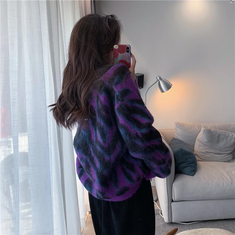 itGirl Shop RETRO PURPLE LEOPARD PATTERN LOOSE MOHAIR CARDIGAN