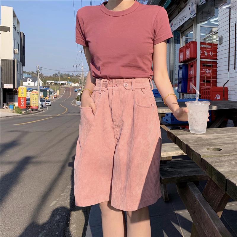 Retro Solid Colors High Waist Corduroy Loose Shorts