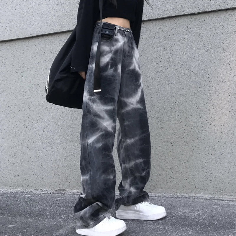 Aesthetic Clothing itGirl Shop Retro Washed Tie Dye Gray Wide Loose Denim Pants