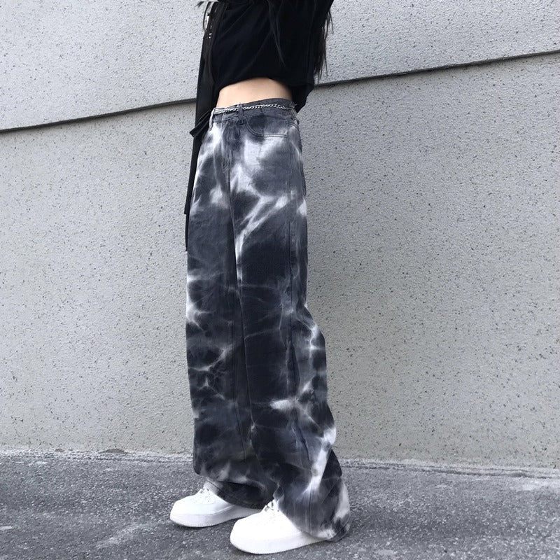 Aesthetic Clothing itGirl Shop Retro Washed Tie Dye Gray Wide Loose Denim Pants