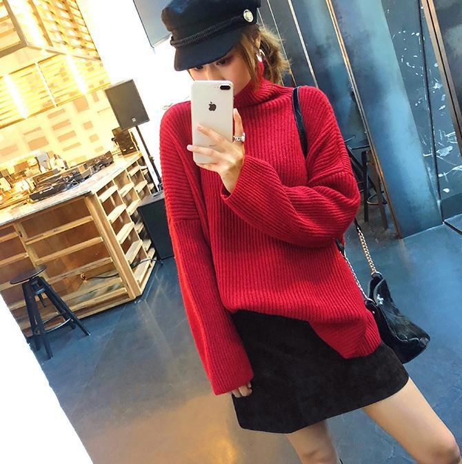 itGirl Shop RIBBED KNIT HIGH NECK LOOSE SWEATER