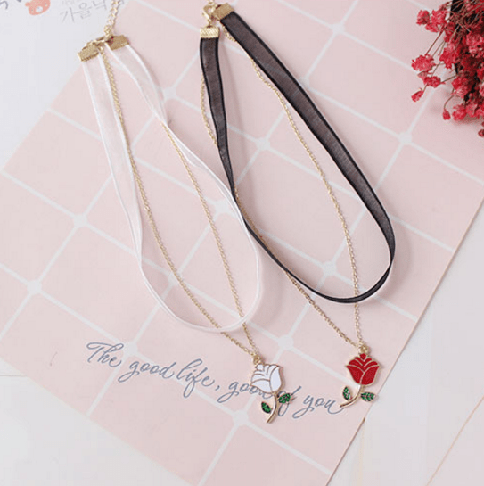itGirl Shop SALE ACRYLIC ROSE RED WHITE CHAIN DOUBLE LACE CHOKER