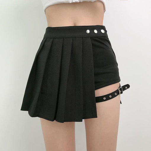 itGirl Shop SALE BLACK PUNK FAKE TWO PIECE SHORTS AND PLEATED SKIRT
