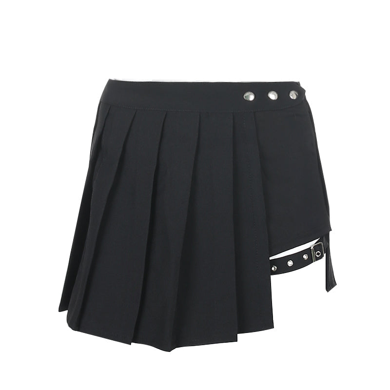 itGirl Shop SALE BLACK PUNK FAKE TWO PIECE SHORTS AND PLEATED SKIRT