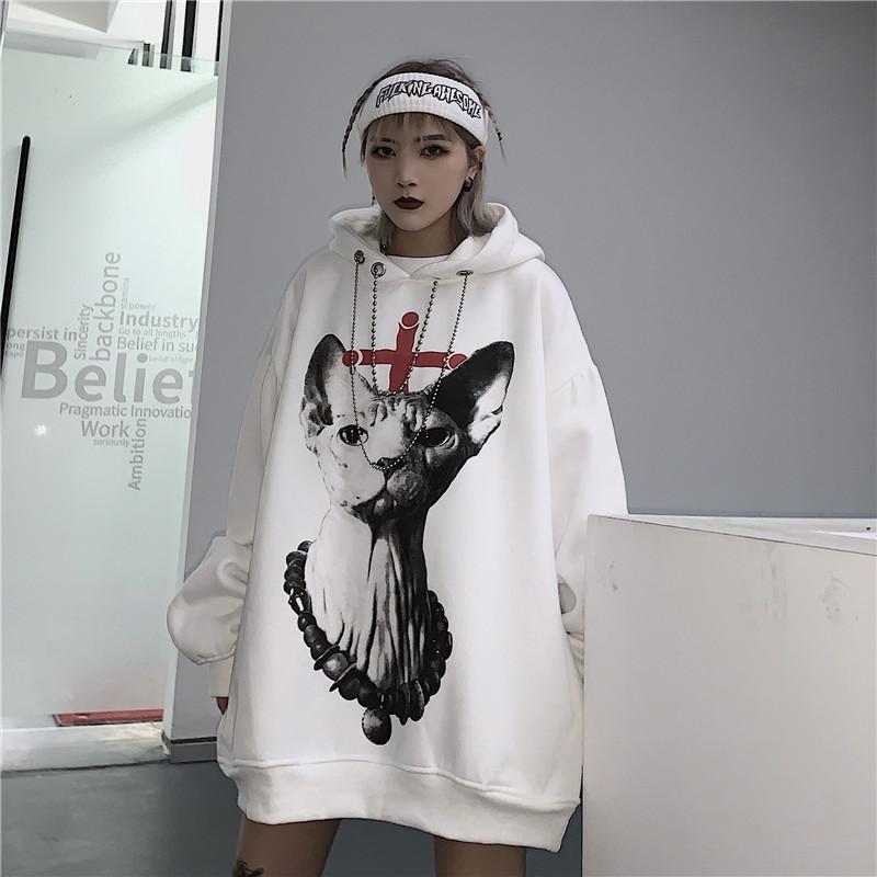 itGirl Shop SALE CAT PRINTED GOTH AESTHETIC OVERSIZED WHITE HOODIE