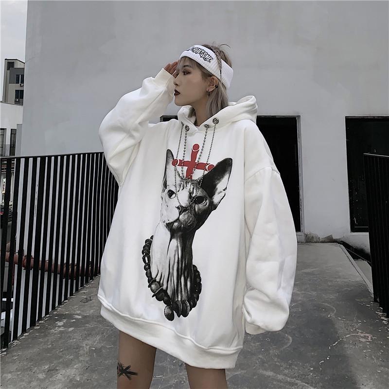itGirl Shop SALE CAT PRINTED GOTH AESTHETIC OVERSIZED WHITE HOODIE