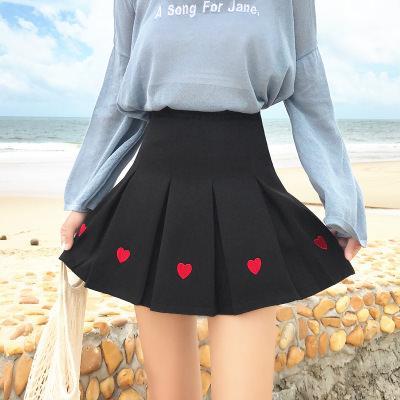 itGirl Shop SALE CUTE HEARTS EMBROIDERY PLEATED BLACK PINK AESTHETIC SKIRT