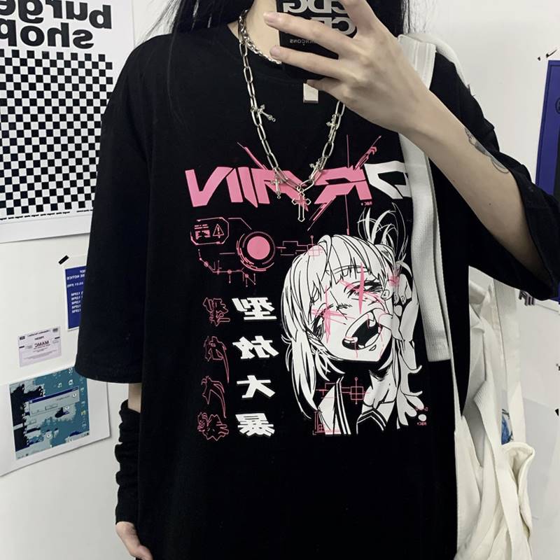 itGirl Shop SALE JAPANESE HORROR ANIME GIRL PRINT LOOSE BLACK T-SHIRT