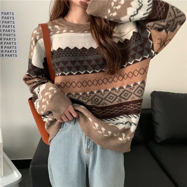 itGirl Shop SALE RETRO GEOMETRIC PATTERN OVERSIZED KNIT SWEATER