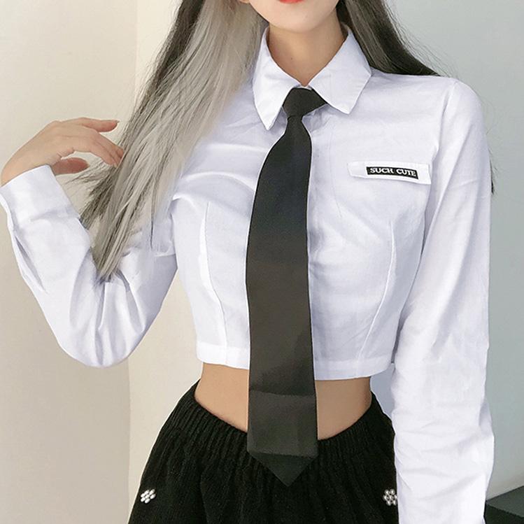 itGirl Shop SCHOOL OUTFIT WHITE CROPPED SHIRT WITH BLACK TIE