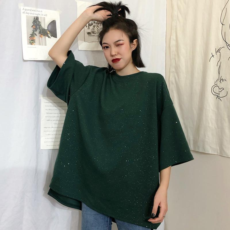 itGirl Shop SHINY OVERSIZED SOLID COLORS ROUND NECK T-SHIRT