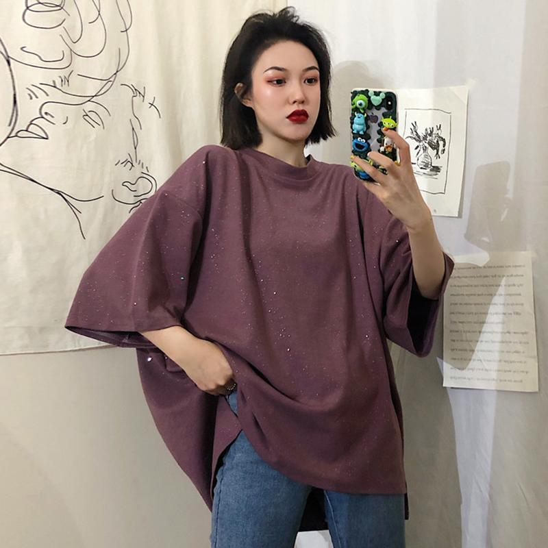 itGirl Shop SHINY OVERSIZED SOLID COLORS ROUND NECK T-SHIRT