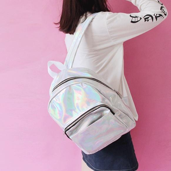 itGirl Shop SILVER HOLOGRAPHIC LASER TWO TYPES ZIPPER BACKPACK